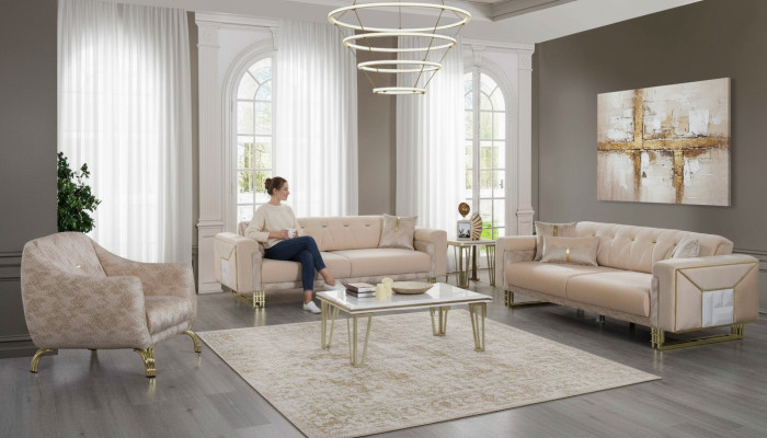 Komplette Beige Sitzgarnitur Wohnzimmer Sofas Luxus Sessel Couchtisch