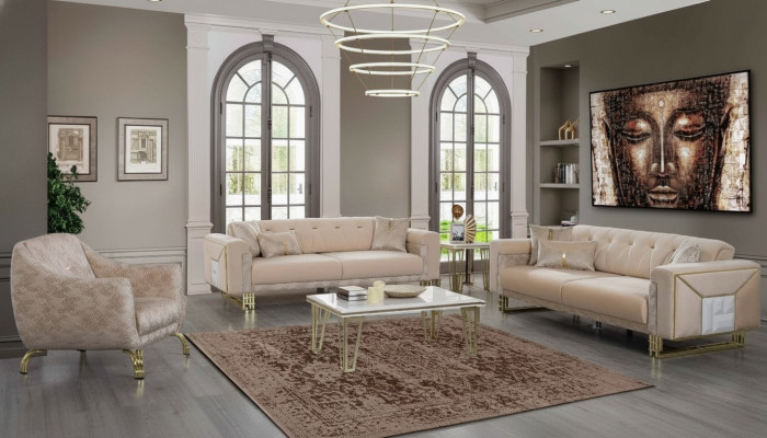 Komplette Beige Sitzgarnitur Wohnzimmer Sofas Luxus Sessel Couchtisch