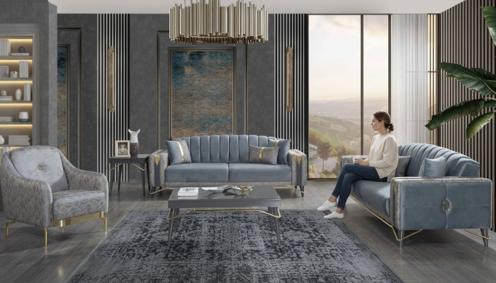 Luxuriöse Graue Chesterfield Polster Sofagarnitur Wohnzimmer 3-Sitzer Textil Sessel