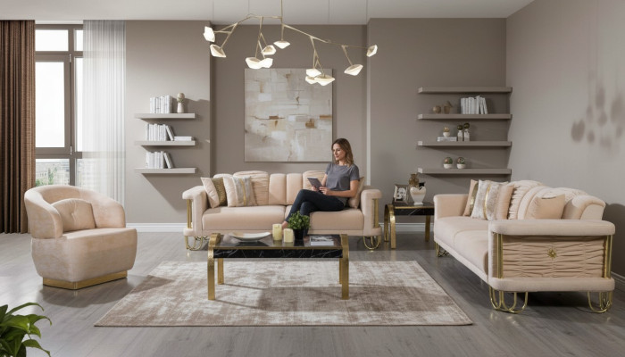 Wohnzimmer Beige Sofagarnitur Dreisitzer Couch Designer Sessel Gruppe