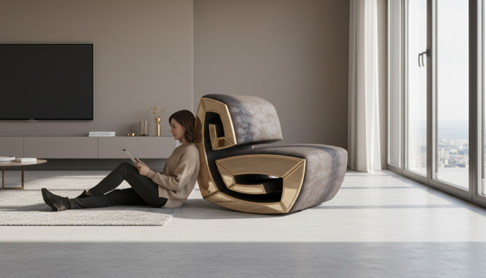 Braun-Goldener Einsitzier Designer Sessel Relax Wohnzimmer Sitzer Neu