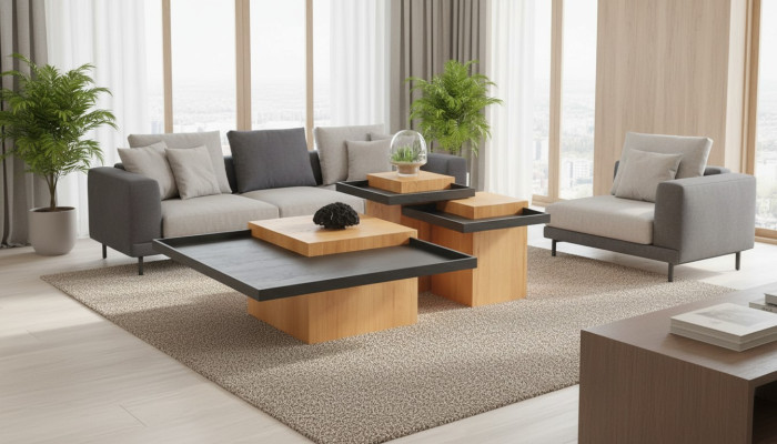 Braun-Schwarze Wohnzimmer Couchtischgarnitur 3x Kaffeetische Holz Möbel