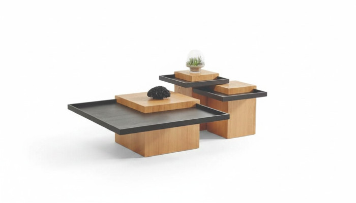 Braun-Schwarze Wohnzimmer Couchtischgarnitur 3x Kaffeetische Holz Möbel