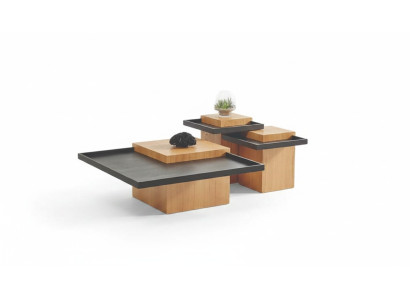 Braun-Schwarze Wohnzimmer Couchtischgarnitur 3x Kaffeetische Holz Möbel