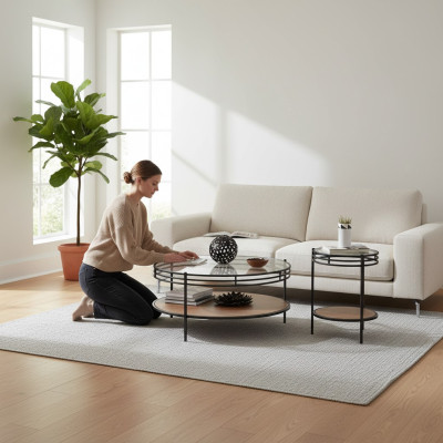 Modernes Couchtisch-Set Designer Rundtisch Glastisch Kaffeetisch 2tlg
