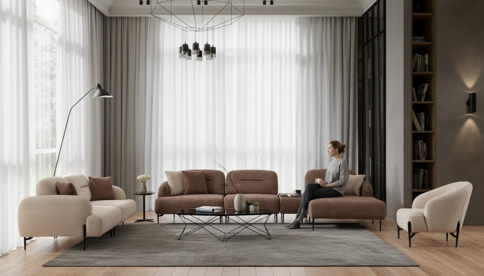 Moderne Braun-Weiße Sofagarnitur 3 Sitzer Stoffsessel L-Form Ecksofa
