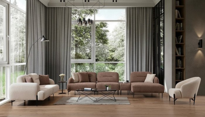 Moderne Braun-Weiße Sofagarnitur 3 Sitzer Stoffsessel L-Form Ecksofa