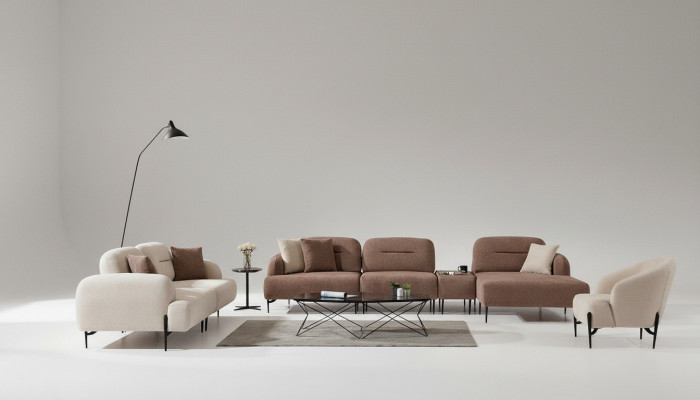 Moderne Braun-Weiße Sofagarnitur 3 Sitzer Stoffsessel L-Form Ecksofa