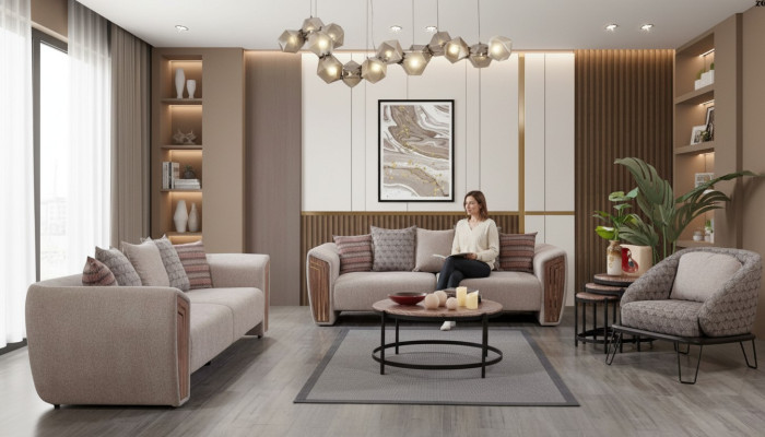  Beige Wohnzimmer Polster Sofagarnitur Dreisitzer Sessel Textil Möbel