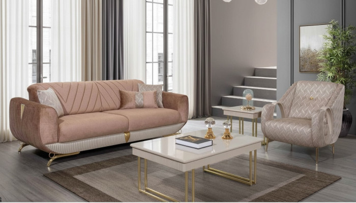  Beige Wohnzimmer Garnitur Luxus 3-Sitzer Polstersessel Beistelltisch