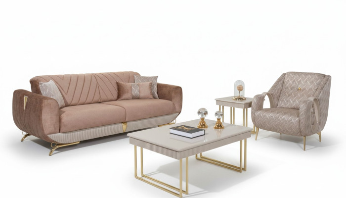  Beige Wohnzimmer Garnitur Luxus 3-Sitzer Polstersessel Beistelltisch