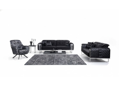  Schwarze Wohnzimmer Sofagarnitur 2x Dreisitzer Designer Polster Sessel