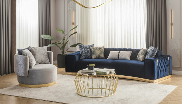 Sofagarnitur Komplette Polstersofa Blau Dreisitzer Modern Sessel neu