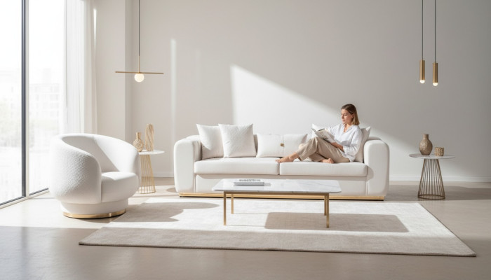 Weißes Wohnzimmer Sofa Set Polstermöbel 4-Sitzer Textil Lehnsessel 2tlg