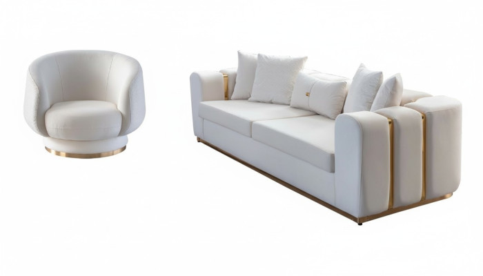 Weißes Wohnzimmer Sofa Set Polstermöbel 4-Sitzer Textil Lehnsessel 2tlg