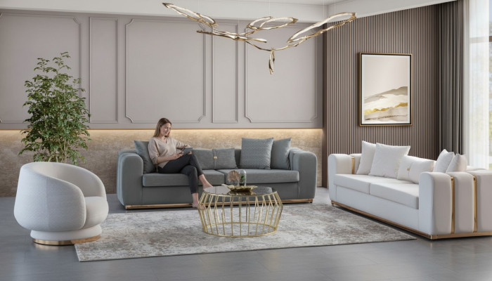 Weiß-Graue Polstermöbel Luxuriöse Edelstahl Sofagarnitur 4-Sitzer 3tlg