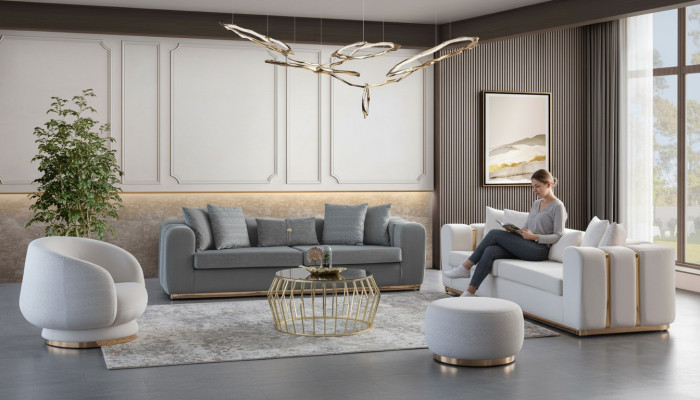Grau-Weiße Wohnzimmer Polstersofas Designer Sessel 4-Sitzer Luxus Möbel