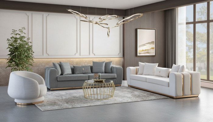 Grau-Weiße Wohnzimmer Polstersofas Designer Sessel 4-Sitzer Luxus Möbel