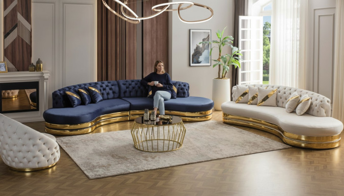 Designer Chesterfield Sofas Halbrunde Edelstahl Couchen 4+3 Sitzer 3tög