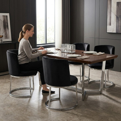 Schwarzer Designer 4x Stühle mit Edelstahlfüßen Moderne Esszimmerstühle