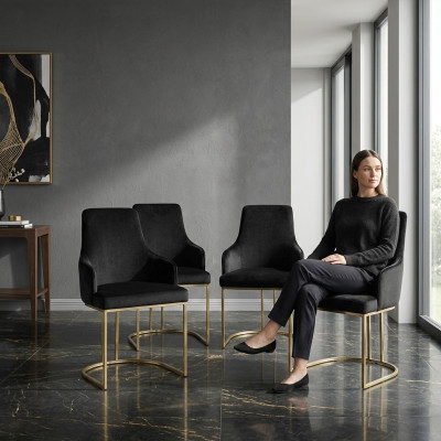 Designer Schwarze 4x Metallstühle Luxuriöse Edelstahl Polster Möbel