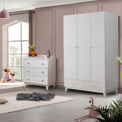 luxuriöse Kinderzimmer Weiß Modern Garnitur Kleiderschrank Kommode neu