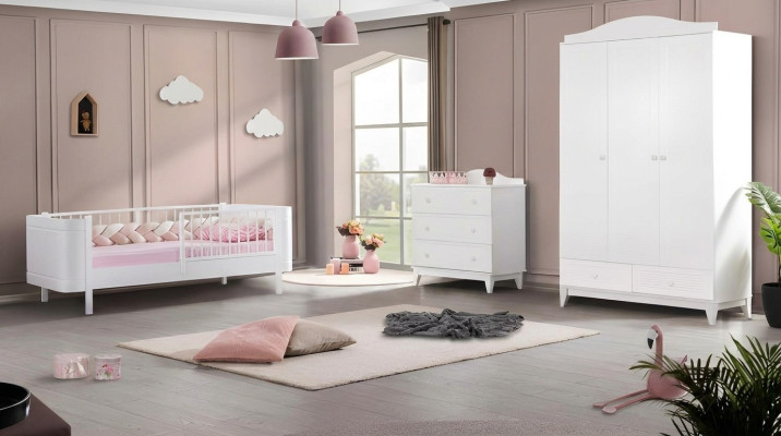 Modern Jugendzimmer Kinderzimmer Weiß Set luxuriöse Bett Kleiderschrank