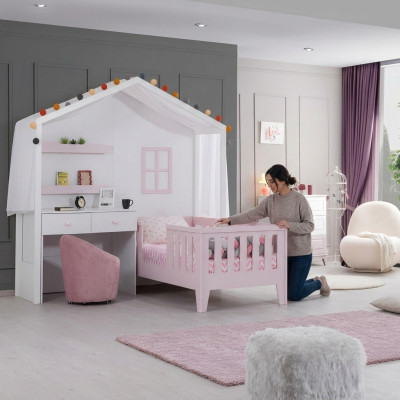 Komplette Kinderzimmer Garnitur Designer Kinderbett mit SchreibtischWeiß Kommode