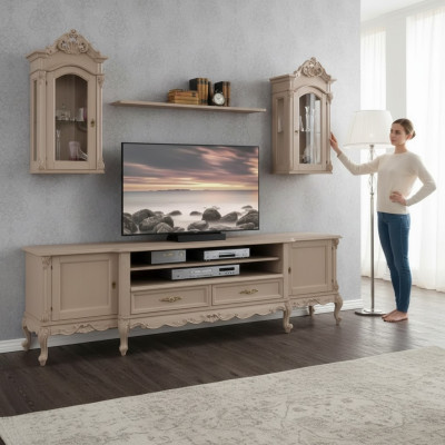 Wohnwand Lowboard Modern Wohnzimmer Braun Regale Holz 2x Wandvitrine Neu