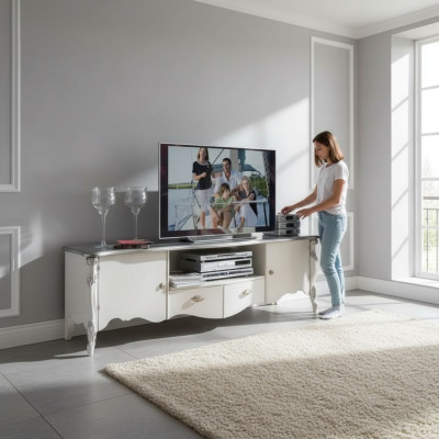TV Ständer RTV Lowboard Klassische Weiß Holz Modern Wohnzimmer Neu
