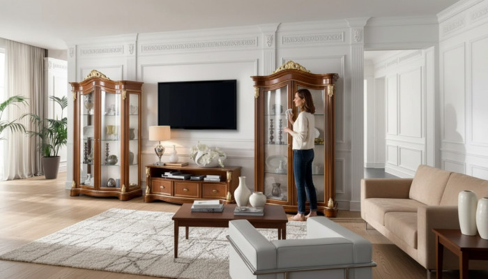 Wohnwand Vitrine Konsole Schrankwand Glasvitrinen Wohnzimmer Braun