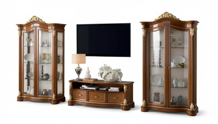 Wohnwand Vitrine Konsole Schrankwand Glasvitrinen Wohnzimmer Braun