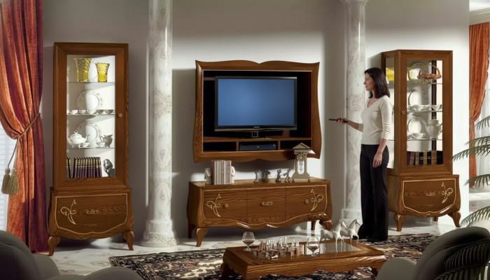 Wohnwand RTV Lowboard TV-Rahmen 2x Vitrine Braun Wohnzimmer Set 4tlg
