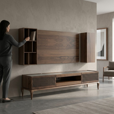 Holzmöbel Wohnzimmer Set 4tlg TV-Ständer Bücherregale Wohnwand TV Rahmen Neu