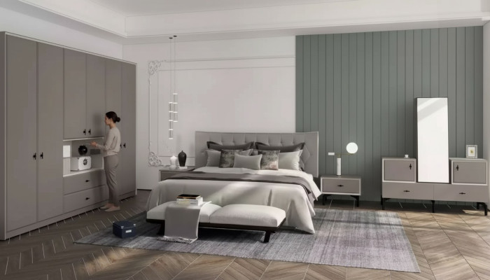 Graue Schlazimmer Garnitur Designer Bett Kommode Kleiderschrank Luxus 5tlg