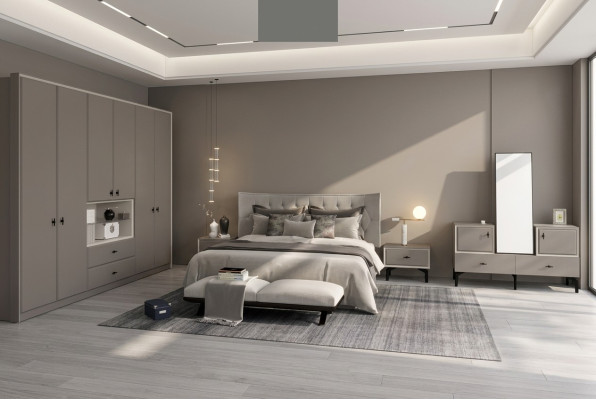 Graue Schlazimmer Garnitur Designer Bett Kommode Kleiderschrank Luxus 5tlg