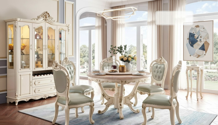 Perlweiß Esszimmer Set Esstisch 6x Stühle Vitrine 8tlg Luxus-Set