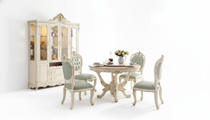 Perlweiß Esszimmer Set Esstisch 6x Stühle Vitrine 8tlg Luxus-Set