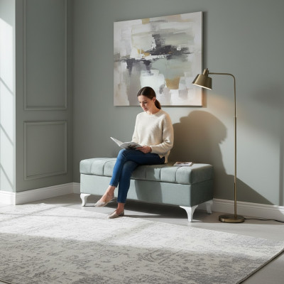 Klassische Sitzbank Design Ottomane Sitzhocker Zweisitzer Textil Fußhocker