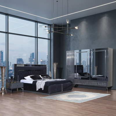Schwarzes Schlafzimmer Set Luxus Garnitur Bett 2x Nachttische Schrank