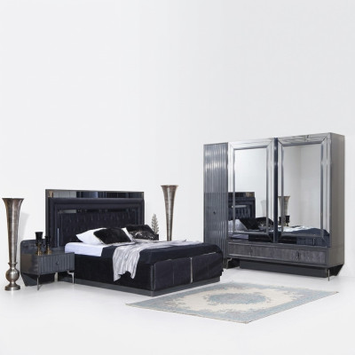 Schwarzes Schlafzimmer Set Luxus Garnitur Bett 2x Nachttische Schrank