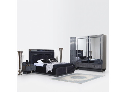 Schwarzes Schlafzimmer Set Luxus Garnitur Bett 2x Nachttische Schrank
