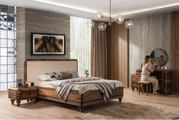 Klassisches Schlafzimmer Set Luxus Braunes Bett Nachttische Schminktisch