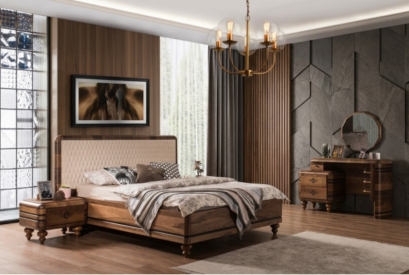 Klassisches Schlafzimmer Set Luxus Braunes Bett Nachttische Schminktisch