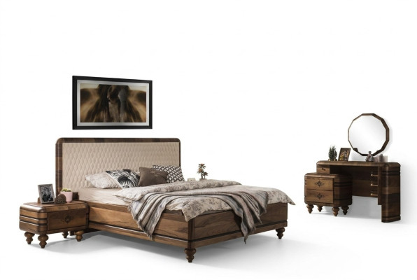 Klassisches Schlafzimmer Set Luxus Braunes Bett Nachttische Schminktisch