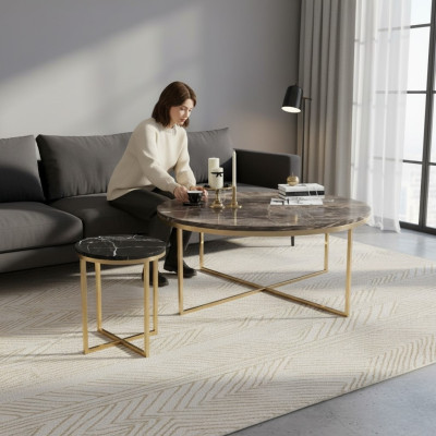 Luxus Runder Couchtisch Mit Beistelltisch Designer Edelstahl Tisch Set