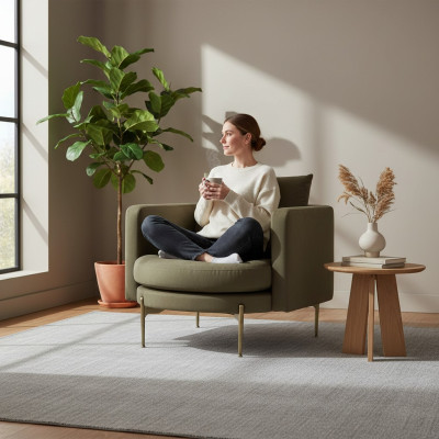 Sessel Für Wohnzımmer Modernen Design Holz mit Textil Rund Lounge Club