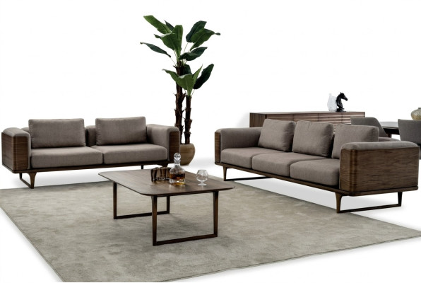Designen Wohnzimmer Set  2x Sofas mit Couchtisch Luxus Holz mit Textil