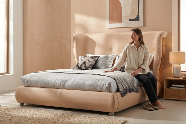 Beiges Bett Schlafzimmer Betten Doppelbetten Holz Möbel Lederbetten