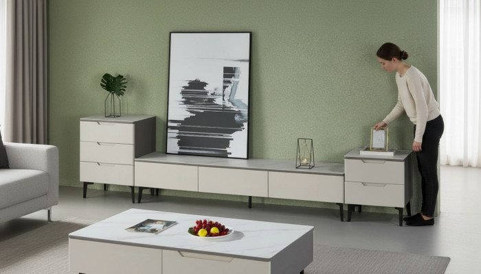 Wohnwand TV Ständer RTV Lowboard Luxus Holz Modern Grau Wohnzimmer
